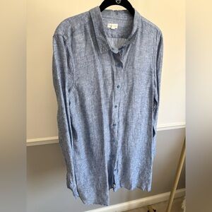 Garnet Hill Linen Denim Blue Button-Up Long Shirt